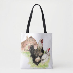 Chicken Farm Rooster & Hen Watercolor Tote Bag