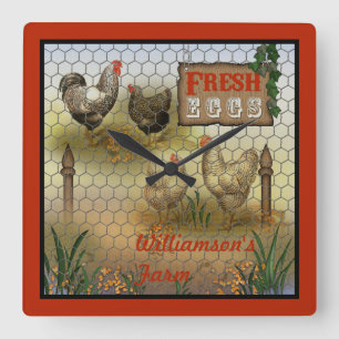 Chicken Farm Yard Fresh Eggs Vintage Square Wall Clock