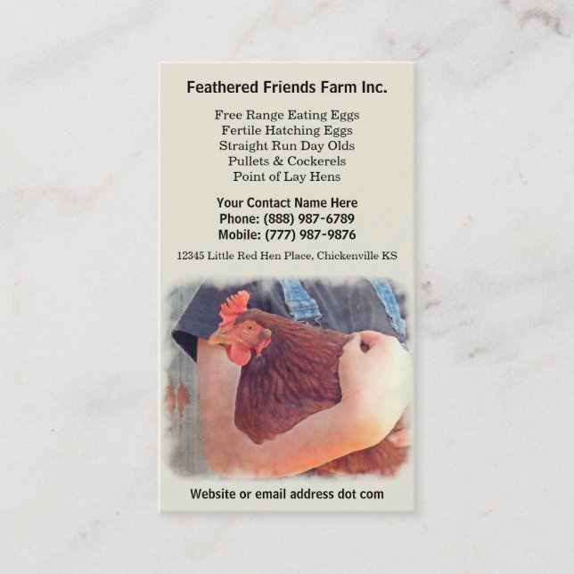 Chicken Farmer Holding Red Layer Hen Business Card (Front)