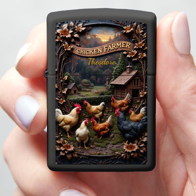 Chicken Farmer Mixed Flock Wooden Coop Sunset Zippo Lighter (In Hand)