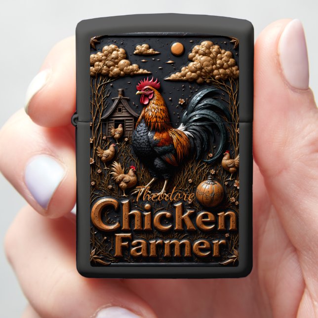 Chicken Farmer Rooster Coop Night Pumpkin Zippo Lighter (In Hand)