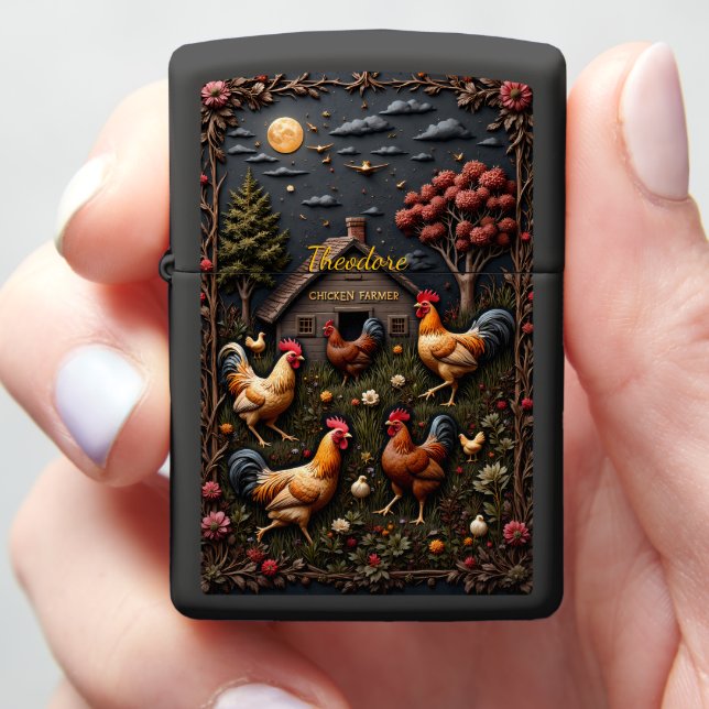 Chicken Farmer Roosters Coop Full Moon Night Zippo Lighter (In Hand)
