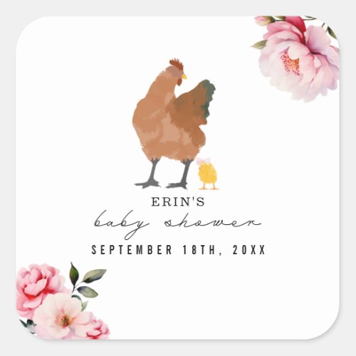 Chicken Floral Baby Shower Pink Bow Square Sticker