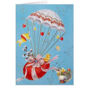 CHICKEN FLYING WITH RED EASTER EGG BALLOON CARDS