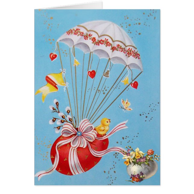 CHICKEN FLYING WITH RED EASTER EGG BALLOON CARDS (Front)