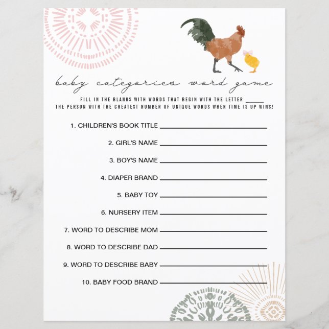 Chicken Girl Baby Shower Categories Word Game (Front)