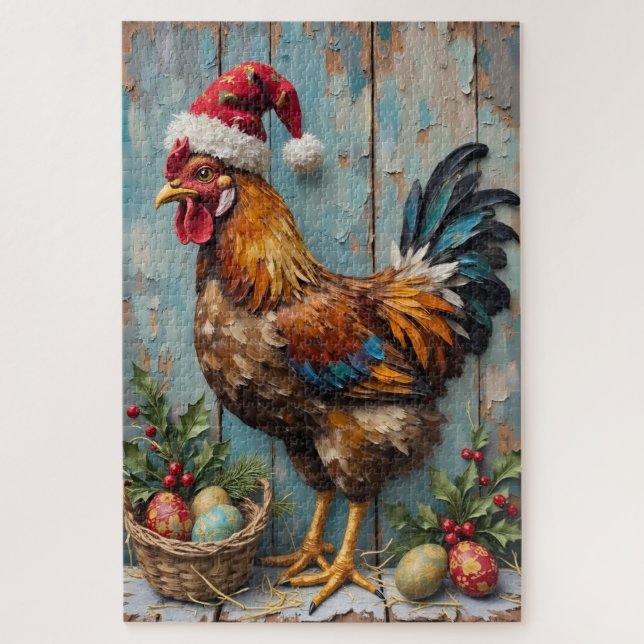 Chicken Guarding Christmas Eggs Rustic Hat Jigsaw Puzzle (Vertical)