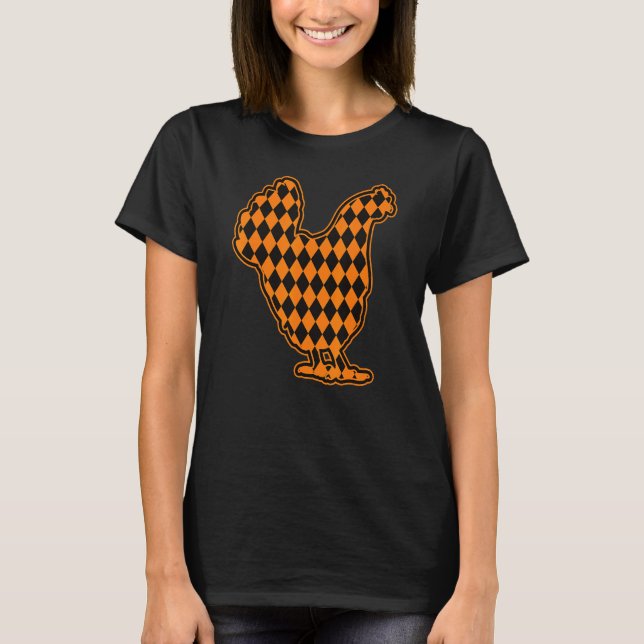 Chicken Halloween Pattern Orange Black Harlequin T-Shirt (Front)
