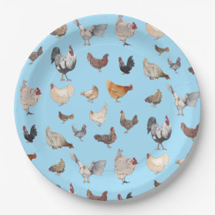 Chicken Happy pattern on Blue Paper Plates
