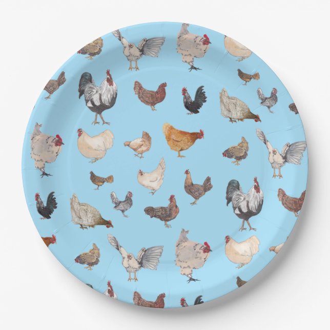Chicken Happy pattern on Blue Paper Plates (Front)