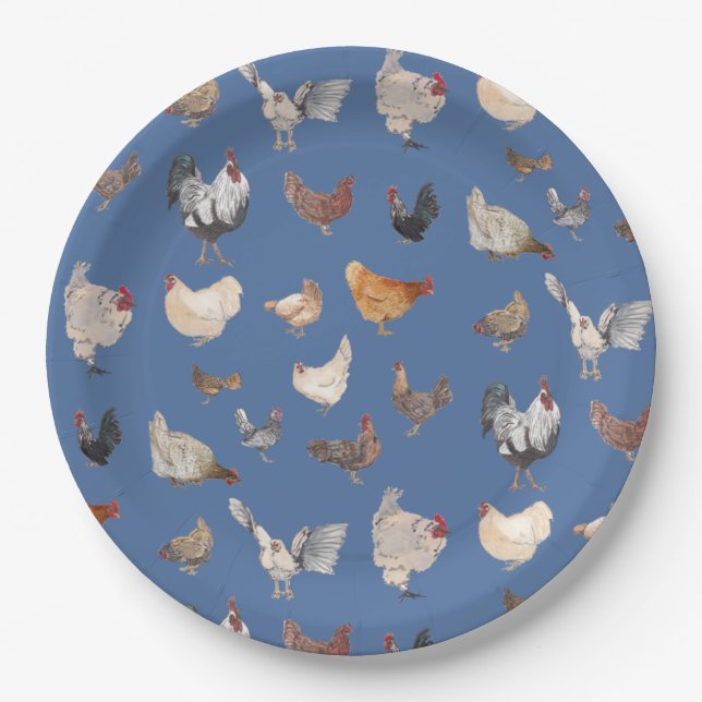 Chicken Happy pattern on Denim Blue Paper Plates (Front)