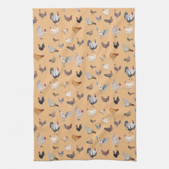 Chicken Happy pattern on peach Kitchen Towel (Vertical)