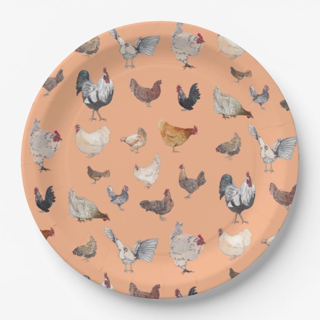 Chicken Happy pattern on Peach Paper Plates (Front)