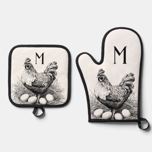Chicken Hen Eggs Country Farm Monogram Oven Mitt & Pot Holder Set (Front)