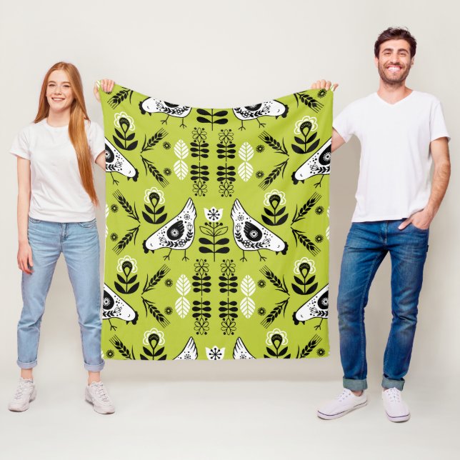 Chicken Hen Folk Art Fleece Blanket (In Situ)