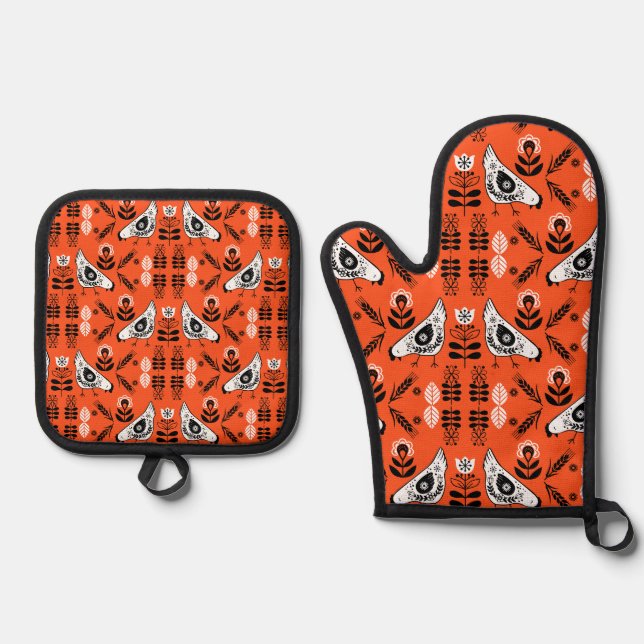 Chicken Hen Folk Art Oven Mitt & Pot Holder Set (Front)