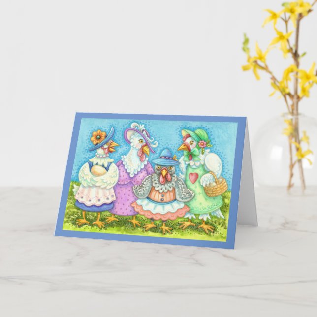 CHICKEN HEN PARTY, COUNTRY FEATHERED FRIENDS Blank Card (Yellow Flower)