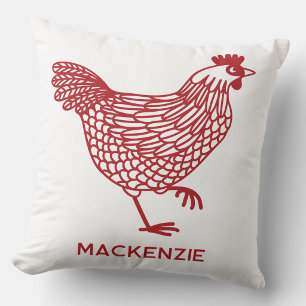 Chicken Hen Poultry Personalized Red and White Throw Pillow