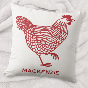 Chicken Hen Poultry Personalized Red and White Throw Pillow