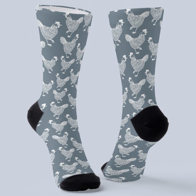 Chicken Hen Poultry Socks (Dusty blue gray and white chicken hen poultry pattern socks)