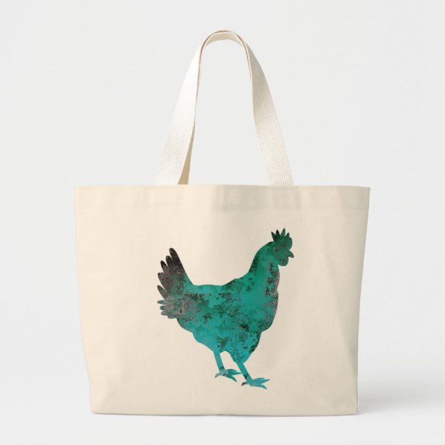 Chicken Hen Teal Blue on White Background Large Tote Bag (Front)