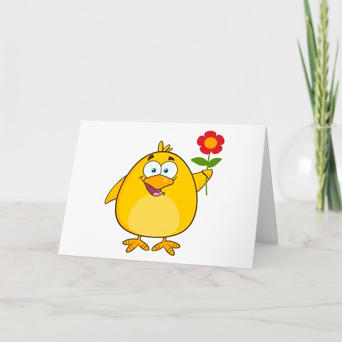 Chicken Holding A Flower Yellow Greeting Cards