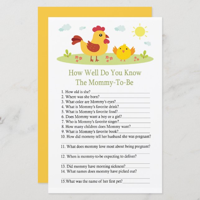 Chicken How well do you know baby shower game (Front/Back)