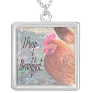 Chicken I poop Breakfast Funny Humor Silver Plated Necklace