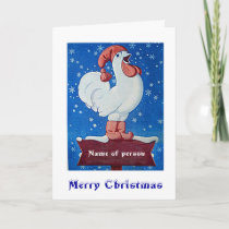 Chicken in red hat singing in Christmas snow card