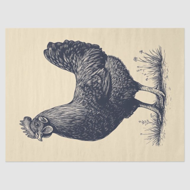 Chicken Ink Illustration on Tan Decoupage Tissue Paper (Front)