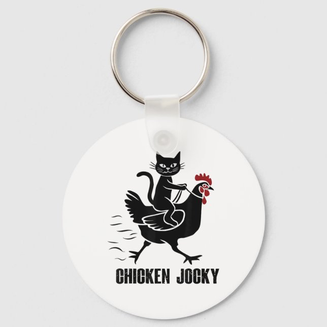 Chicken Jockey Funny Black Cat  Keychain (Front)