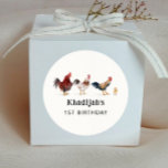 Chicken Kids Birthday Party Favor  Classic Round Sticker<br><div class="desc">Cute farm theme kid's birthday party favor sticker featuring watercolor illustration of chickens and a chick.</div>