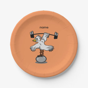 Chicken lifting weights paper plates