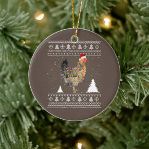 Chicken Lights with Santa Hat Christmas Pajamas Ceramic Ornament