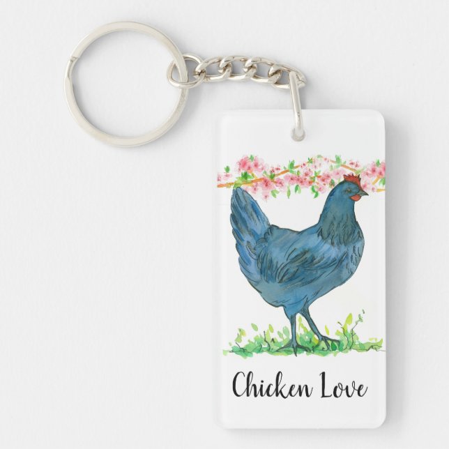 Chicken Love Peach Blossom Watercolor Keychain (Front)