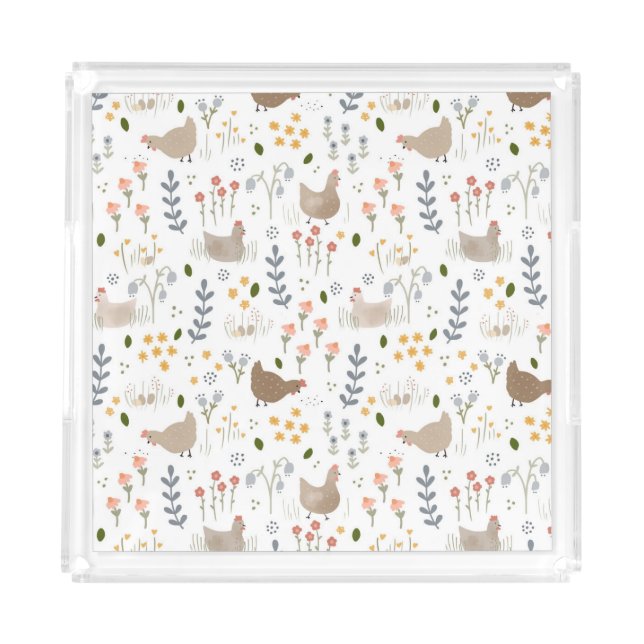 Chicken Lovers Farmyard Animal Pretty Floral Acrylic Tray (Front)