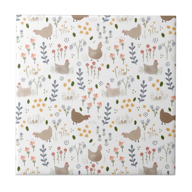 Chicken Lovers Farmyard Animal Pretty Floral Ceramic Tile (Front)