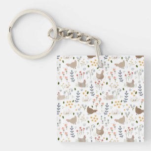 Chicken Lovers Farmyard Animal Pretty Floral Keychain