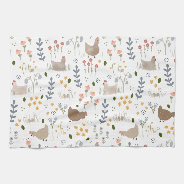 Chicken Lovers Farmyard Animal Pretty Floral Kitchen Towel (Horizontal)