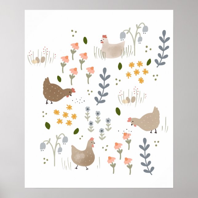 Chicken Lovers Farmyard Animal Pretty Floral Poster (Front)