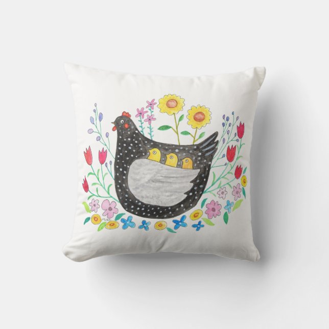 Chicken mama hen with three baby Chicks Farm House Throw Pillow (Front)