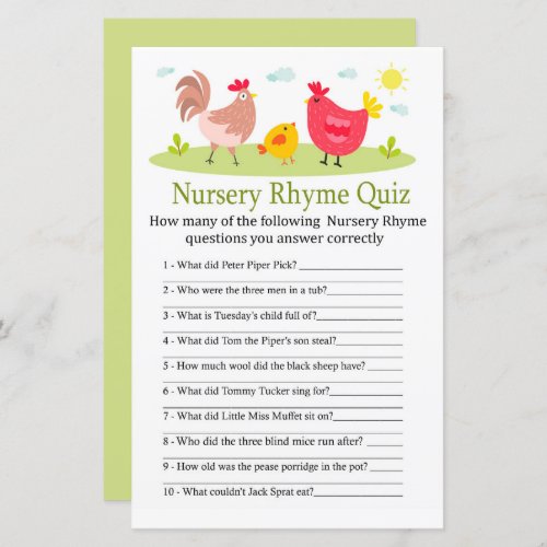 Chicken Nursery Rhyme Quiz baby shower game