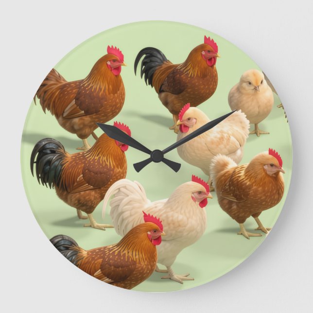 Chicken on light green background large clock (Front)