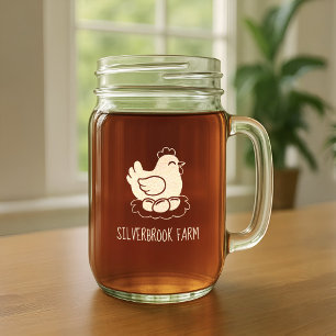Chicken on Nest with Eggs Farm Name Mason Jar W/ Handle
