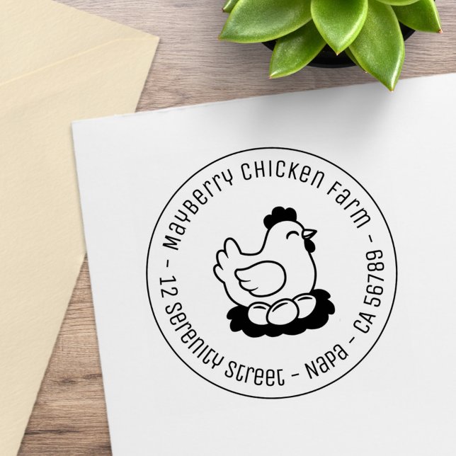 Chicken on Nest with Eggs Round Address Rubber Stamp (Creator Uploaded)