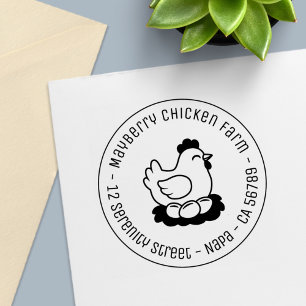 Chicken on Nest with Eggs Round Address Self-inking Stamp