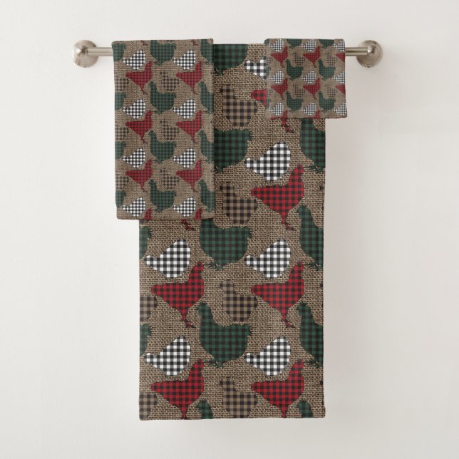 Chicken Plaid Burlap Rustic Farmhouse Bath Towel Set (Insitu)