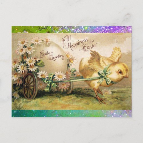CHICKEN PULLING EASTER EGG  WITH HAND CART HOLIDAY POSTCARD