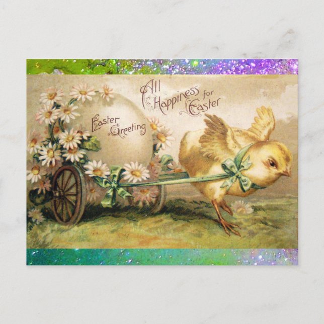 CHICKEN PULLING EASTER EGG  WITH HAND CART HOLIDAY POSTCARD (Front)