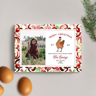 Chicken Red & Green Watercolor Christmas Photo Holiday Card